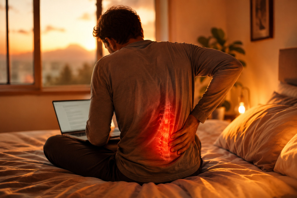 Hombre sentado en la cama con laptop sufriendo dolor lumbar - Quiropraxia1 Santiago